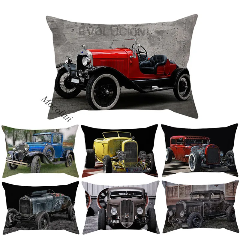 Nordic Vintage Car Pattern Print Cotton Linen Pillow Case Retro Fashion Cool Man Home Decoration Office Sofa Cushion Cover