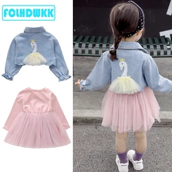 2020 Spring New 1-6Y Baby Girls Clothes Sets Birthday Long Sleeve Swan Denim Coat Jackets Tops+Dress 2Pcs Party Warm Outfit Hot