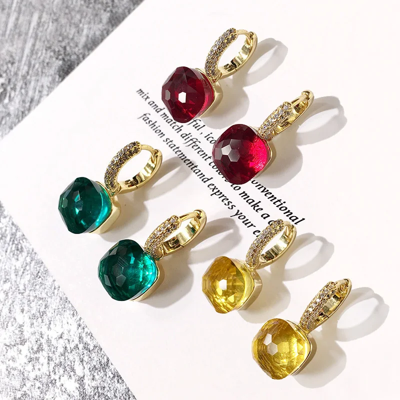 Top Quality Fashion Candy Style Hoop Earrings Multi-Faceted Multicolor Square Crystal Earrings For Women Brand Jewelry