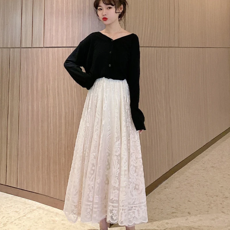 Sweet Skirts Women Lace Ankle-length High Waist Skirt for Ladies Loose Casual Retro Soft Korean Streetwear Trendy All-match Chic