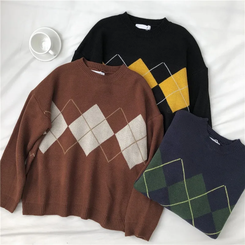 Maglione lavorato a maglia invernale donna maglioni Argyle oversize abiti di moda Famale manica lunga coreano Crop Top donna Ropa De Mujer