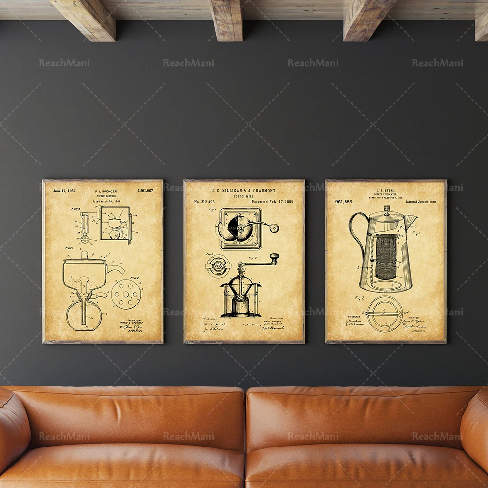 Coffee Theme Patent Prints 3-Piece Set - Coffee Brewing Mill Filter Poster Decor for Kitchen Home Barista Style