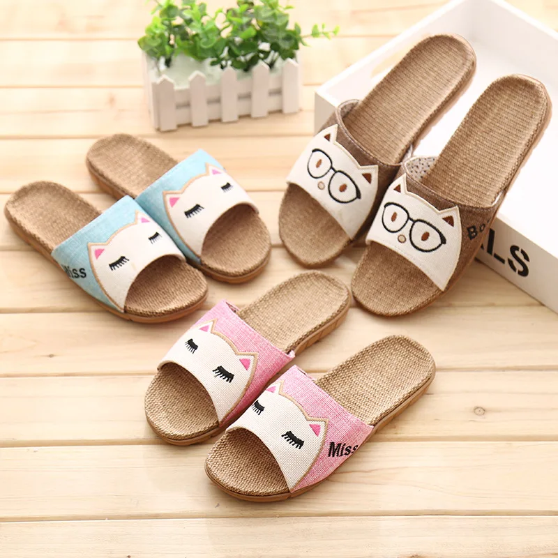 Slippers Women Fashion Bohemia Cartoon Cat Flax Linen Flip Flops Beach Shoes Sandals Casual Woman Non-slip Flats Female Slippers