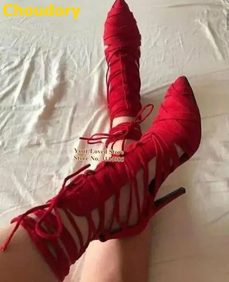 Choudory White Red Stiletto Heels Braided Shoes Cross Strappy Laceup Hollow Out Caged Pumps Plaited Patchwork Banquet Shoes