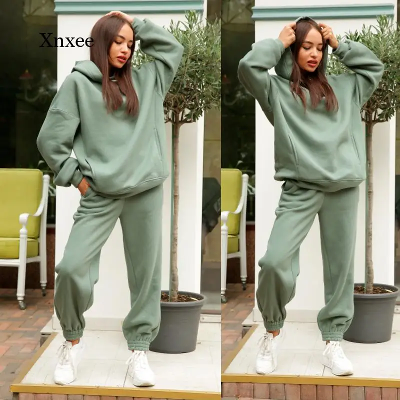 2021 Autumn Fleece Women's Sportswear Letter Print Hooded Oversized Long Sleeve Two-Piece Women's Sportswear Set