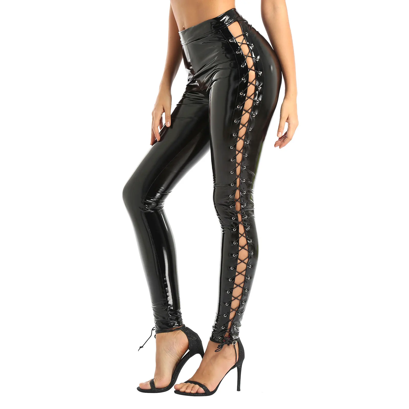 Womens Wet Look High Street Sexy Clubwear Moto Punk Leather Side Lace up Leggings Stretchy Skinny Pants Long Trousers