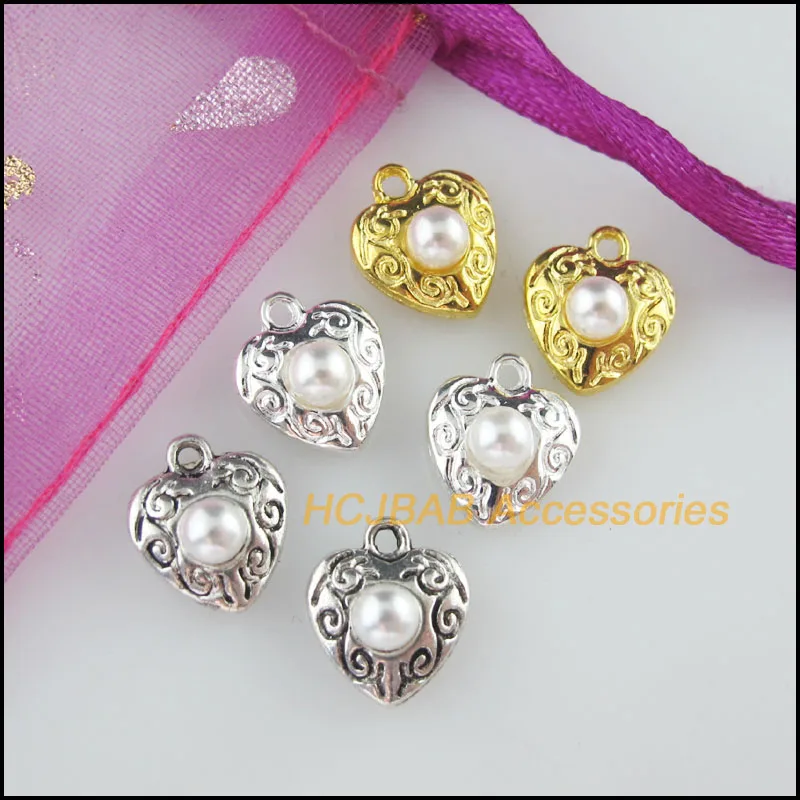 20 New Heart Charms Retro Flower White Acrylic Pendants Tibetan Silver Tone & Gold Color 10x11.5mm