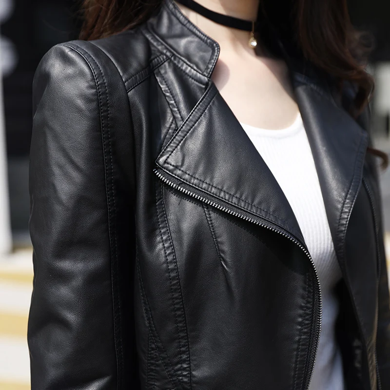 2024 New Women\'s Jacket Fashion Black Motorcycle Leather Jacket Women Zippers Basic Coat Biker Leather Coat 4XL C-2