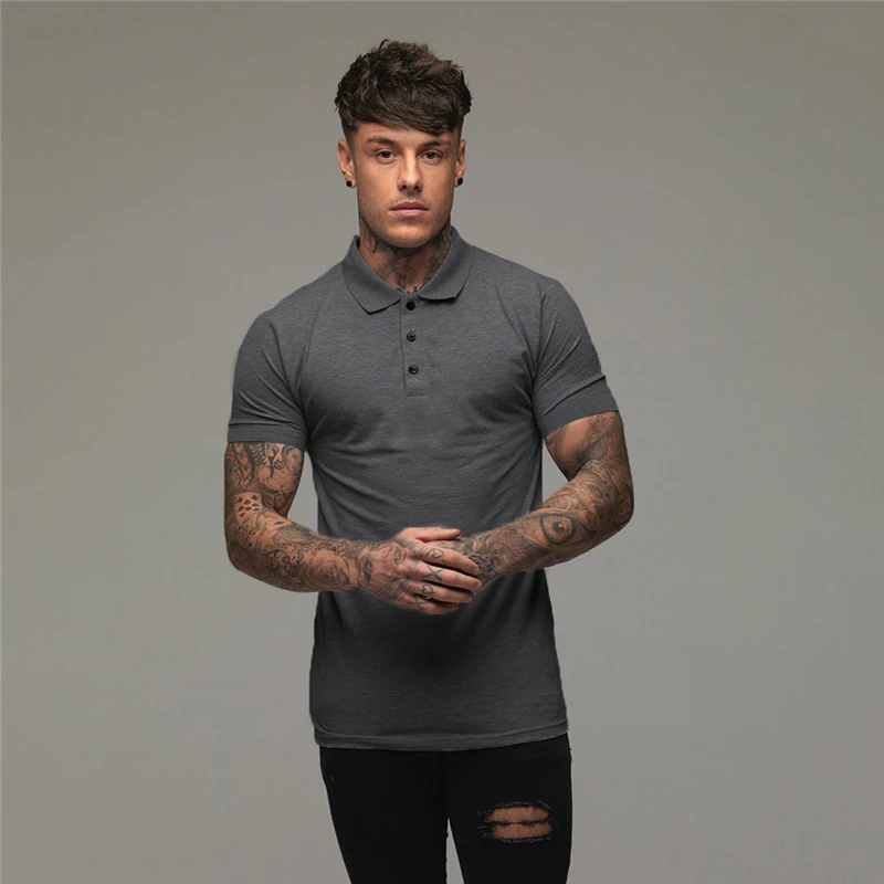 Polo-Shirts Slim-Fit Short Sleeve Leisure Casual Cotton Fashion Mens Brand Fitness Mens Summer Breathable Gym Sports Polo Shirt