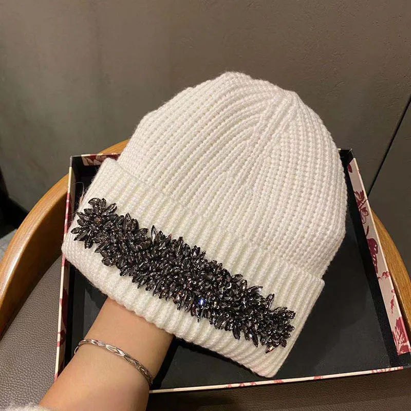 Winter Women Rhinestone Beanies Hats Ladies Elastic Knitted Beanie Skullies Hats For Female Warm Autumn Bonnet Skiing Caps