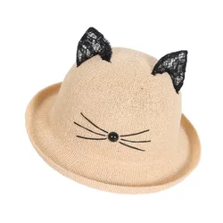 Parent-child Adult / Child Straw Woven Curled Dome Cartoon Cat Ears Sun Hat Women Summer Beach Travel Sunscreen Bowler Hat U33