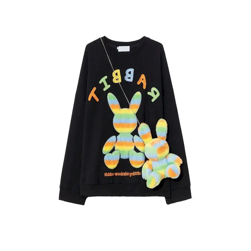 Cotton Pullover Women Autumn Winter Niche Design Sense Cool Long Sleeve Tshirt Korean Chic Contrast Color Plush Bunny Kawaii Top