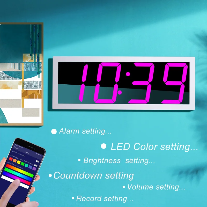 Relógio de parede digital com controle do aplicativo, despertador, hora, data, temperatura, som ativar, contagem regressiva, brilho stepless, soneca