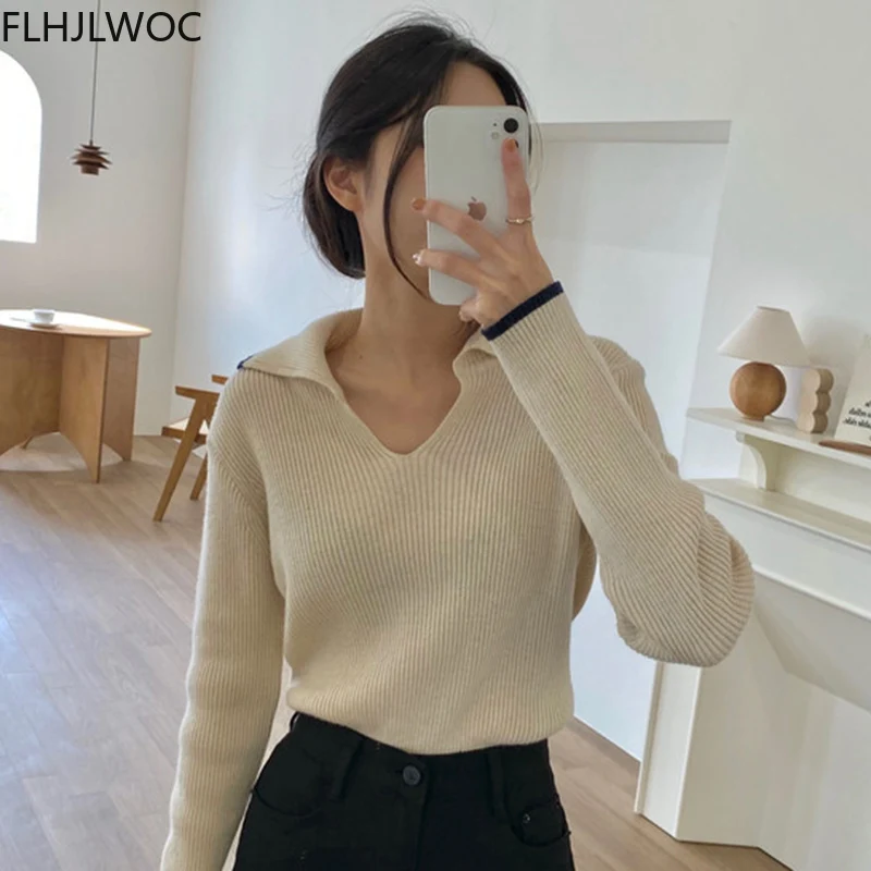 Chic Korean Femme Tops Women Fashion Winter Spring Basic Wear Jumpers Solid Knitted Pullovers Short Sweaters