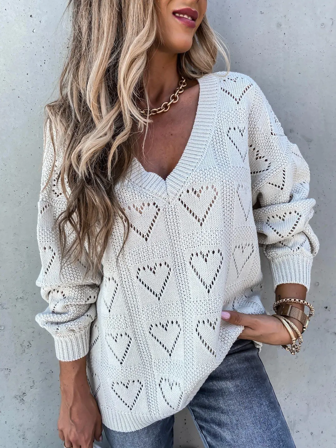 Casual Solid Color Sweater Women Jumper Pullover Tops Fashion Lady Hollow Out Heart Shape V Neck Ribbed Knitted Sweaters S-2XL