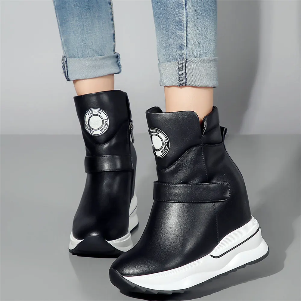 Black White Pumps Shoes Women Cow Leather Wedges High Heel Ankle Boots Female High Top Round Toe Fashion Sneakers Casual Shoes