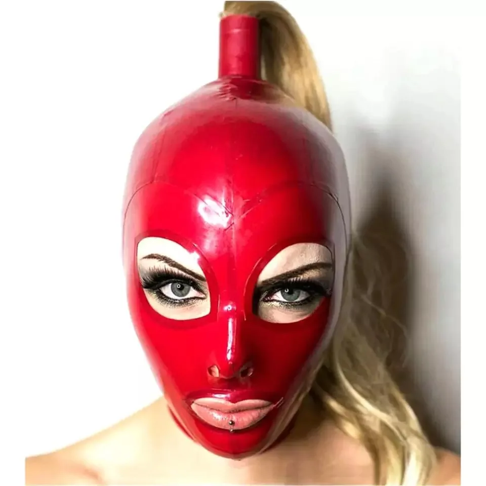 Sexy Red Latex Hoods Mask Wig with Hairpieces Ponytails Club Wear Fetish