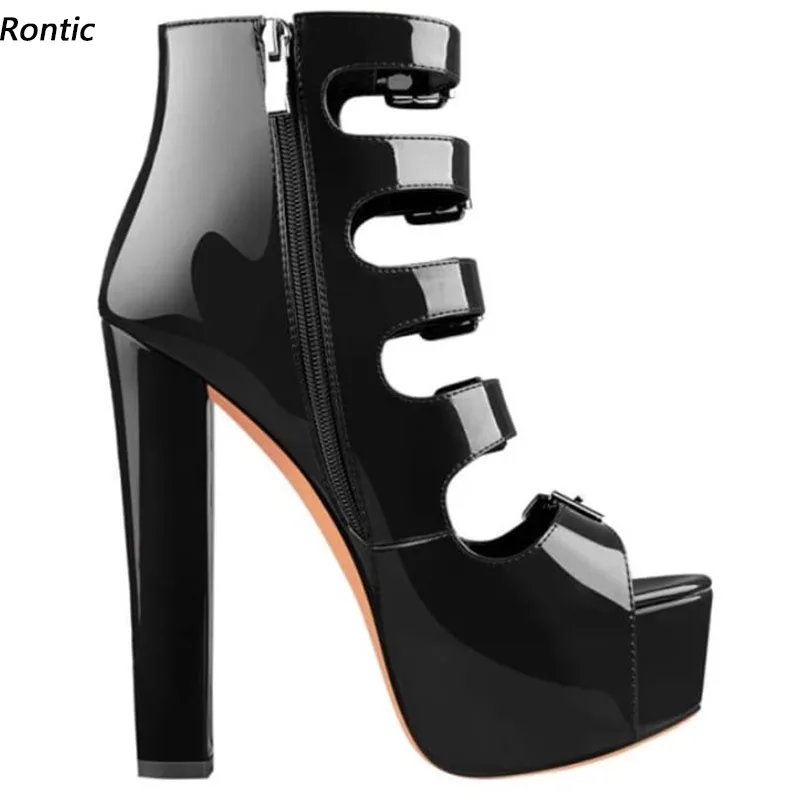 

Rontic Stylish Women Autumn Platform Ankle Boots Patent Leather Chunky Heels Round Toe Black Party Shoes US Size 5-20