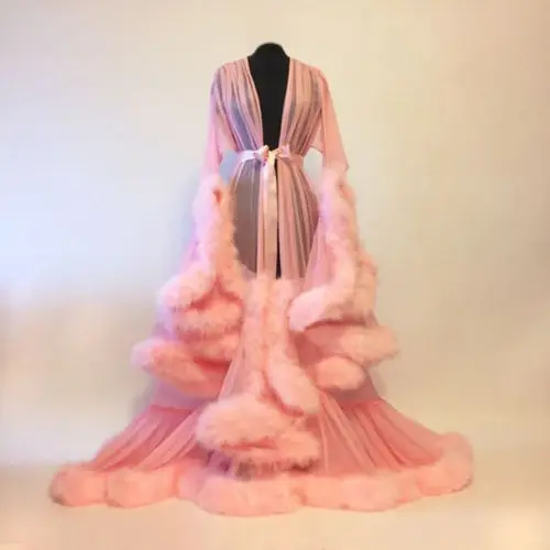 Fashion Gown Mesh Fur Sleep Wear Night Dress Nightgrown Robes Sexy Women Lingerie Sleepwear Lace Robe Home Clothes Nightwear