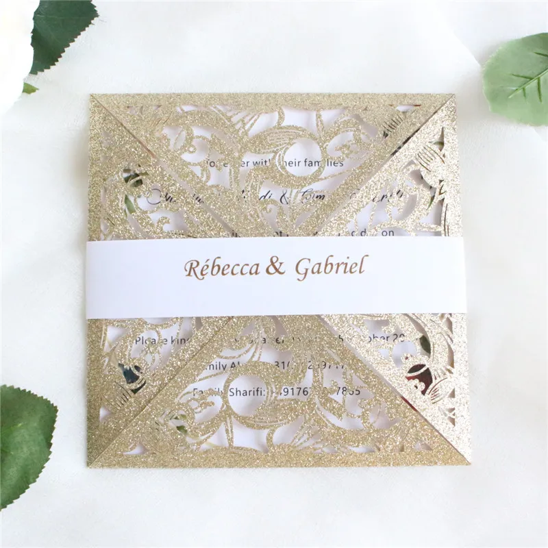 

Glittery gold wedding invitations elegant laser cut gift cards belly band insert card personalized design 50pcs