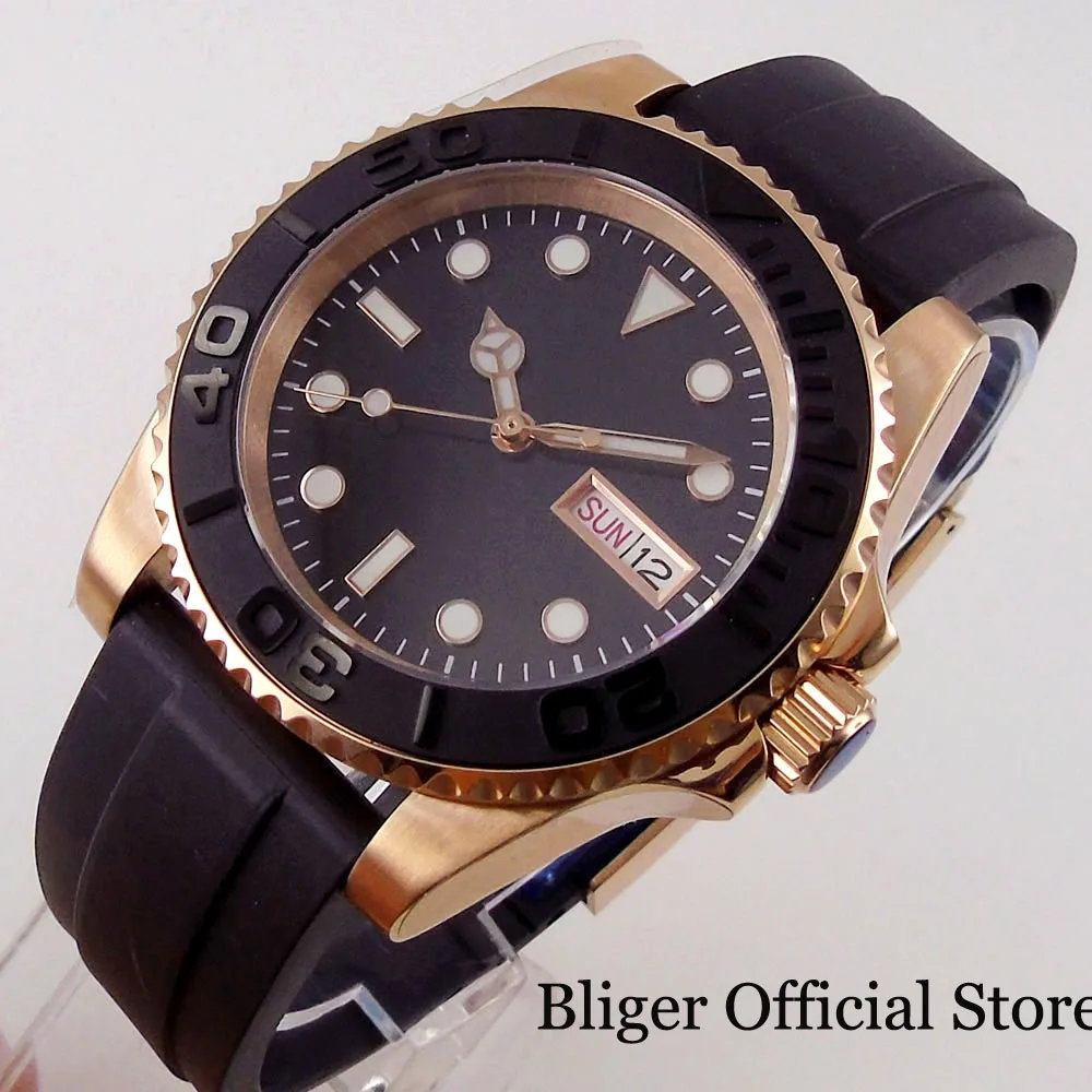 BLIGER NH36A WEEKDAY Date Rose Gold Coated Selfwinding Men Watch Flat Sapphire Glass Rubber Band Black Insert