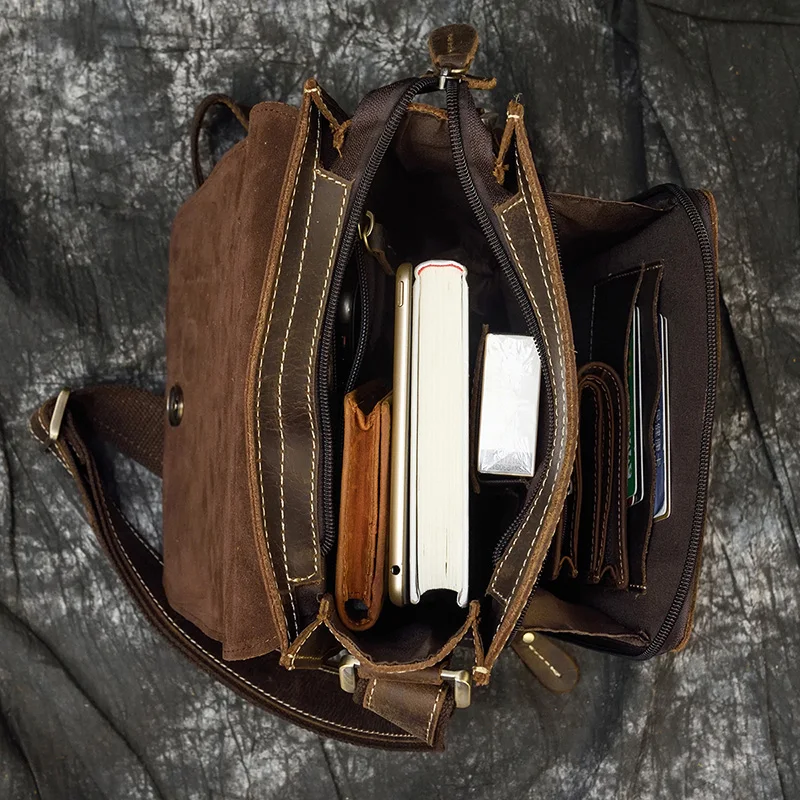 Bolsa de ombro de couro de vaca masculina, cavalo louco vintage, bolsa tiracolo casual, pasta de couro, bolsa iPad