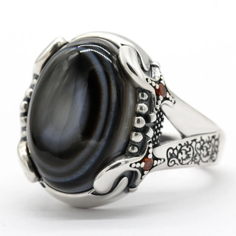 

Solid 925 Silver Men Ring Evil Eye Natural Agate Stone Auspicious Goat Signet Ring for Women Men Luxury Vintage Party Ring Onyx