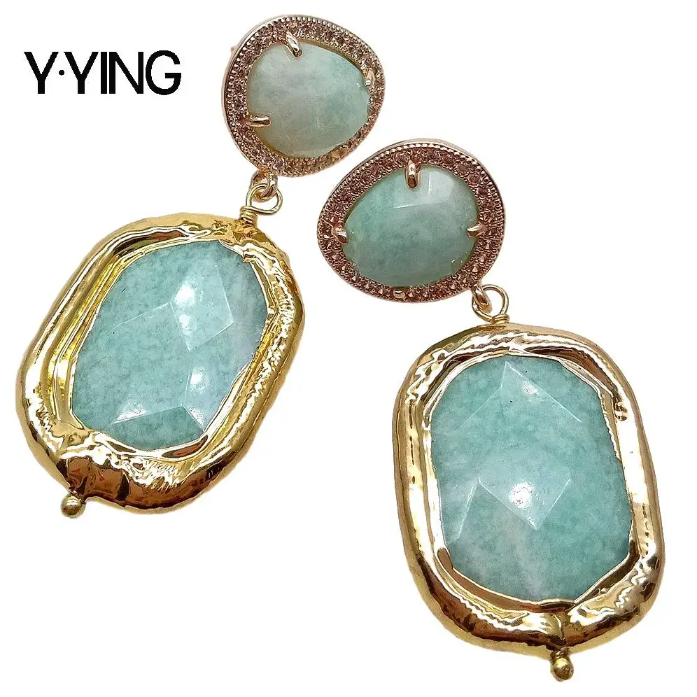 Y·YING Natural Green Amazonite Rectangle and Triangular Gold Color Plated Dangle Earrings Classic for Women