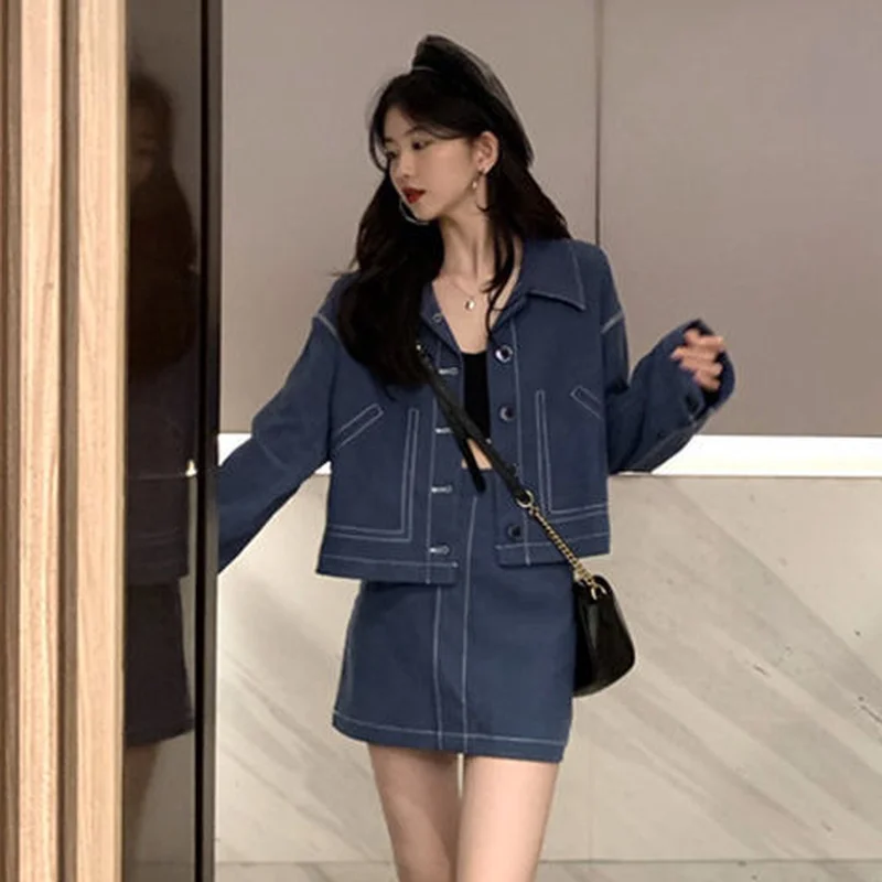 Sets Women High Street Korean Style Two Piece All-match Spring Skirts Solid Full Sleeve Shirts Mujer Ulzzang Female Stylish Crop