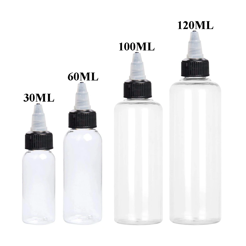 

30Pcs 10ml 30ml 60ml 100ml 120ml Plastic Empty Ink Vials With Black Twist Top Cap Transparent Clear Bottle Tattooing Accessories