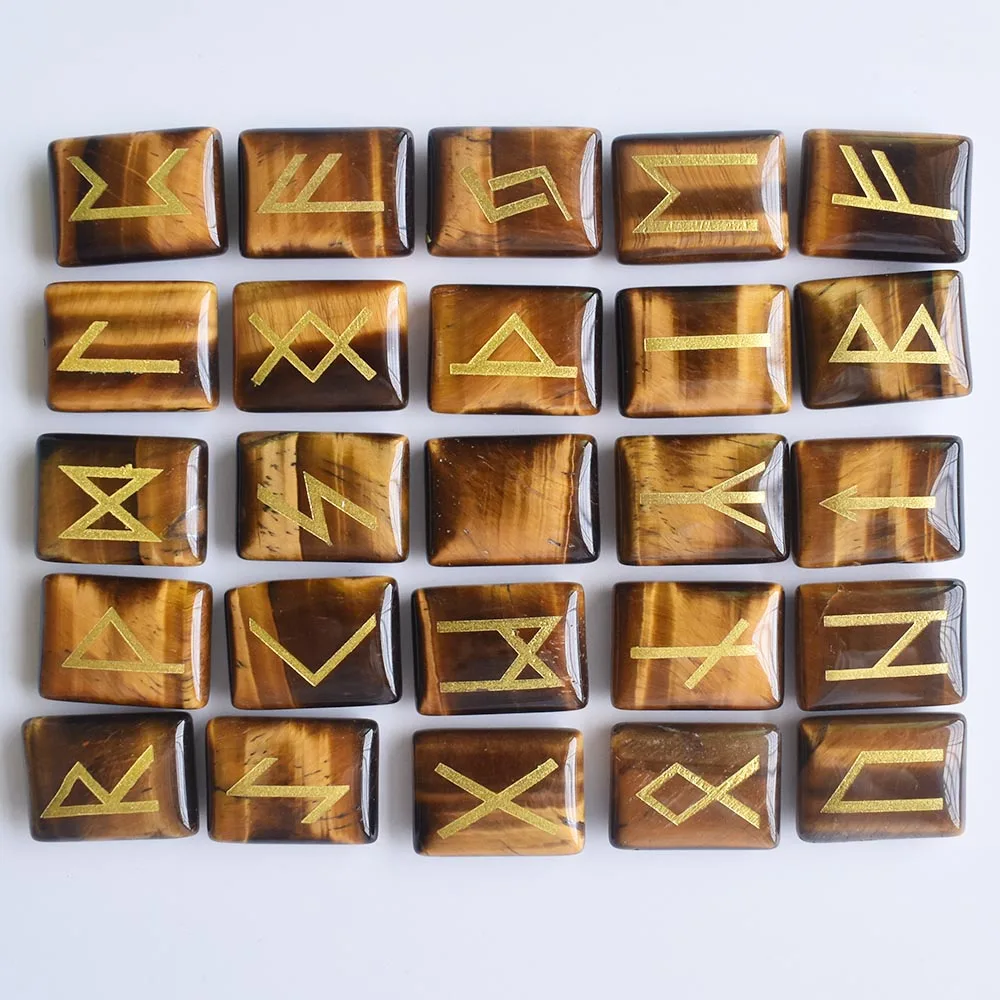 Wholesale 25pcs/lot Natural tiger eye stone Viking Runes Amulet Set Reiki Healing Crystals Divination Tumbled rectangle Stones