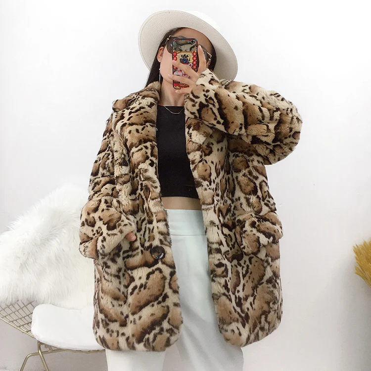 MENINA BONITA 2022 New Winter Woman Jacket Real Rex Rabbit Fur Coat Suit Collar Leopard Print Fashion Outerwear Warm Streetwear