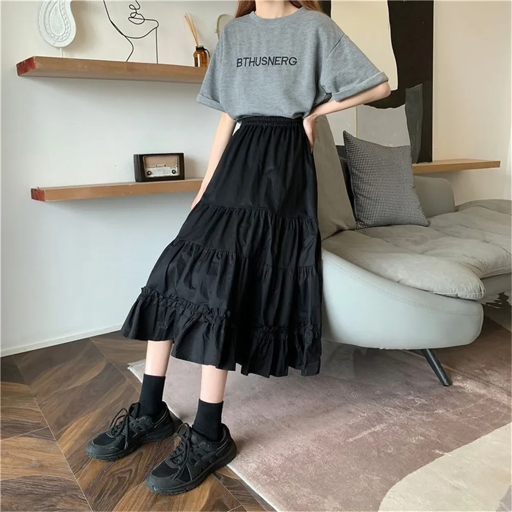 Black Goth Lolita Long Pleated Skirt Women Ruffles Vintage High Waist Harajuku Midi Skirt Summer Korean Patchwork Streetwear