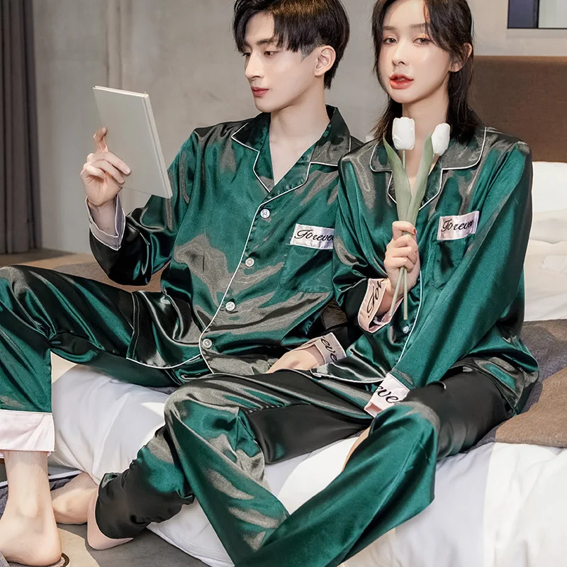

Summer Couple Rayon Long Sleeve Top Pants Sleepwear Silk Nightwear Lovers Women Men Pajamas Set Homewear