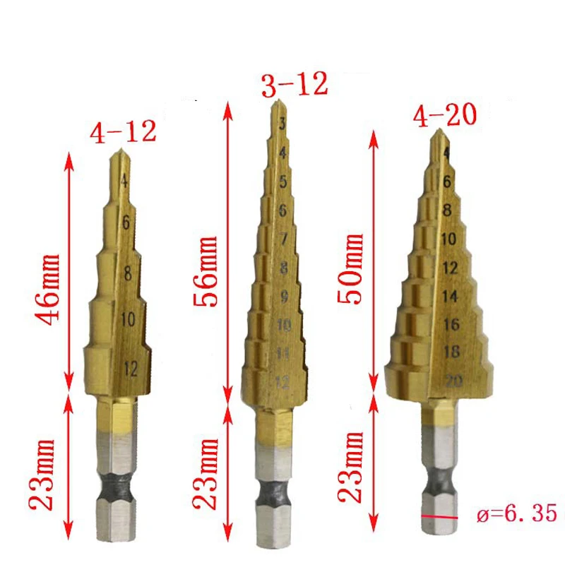 3 bocados de broca revestidos titanium de aço de hss 3-12mm 4-12mm 4-20mm passo cone ferramentas de corte de madeira de aço conjunto de energia de perfuração de metal