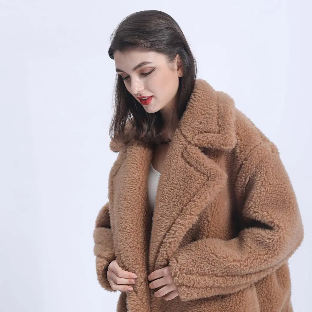 Abrigo de piel de oveja Real para mujer, chaqueta de corte informal, abrigo de peluche cálido con cuello vuelto, moda de invierno, 2021