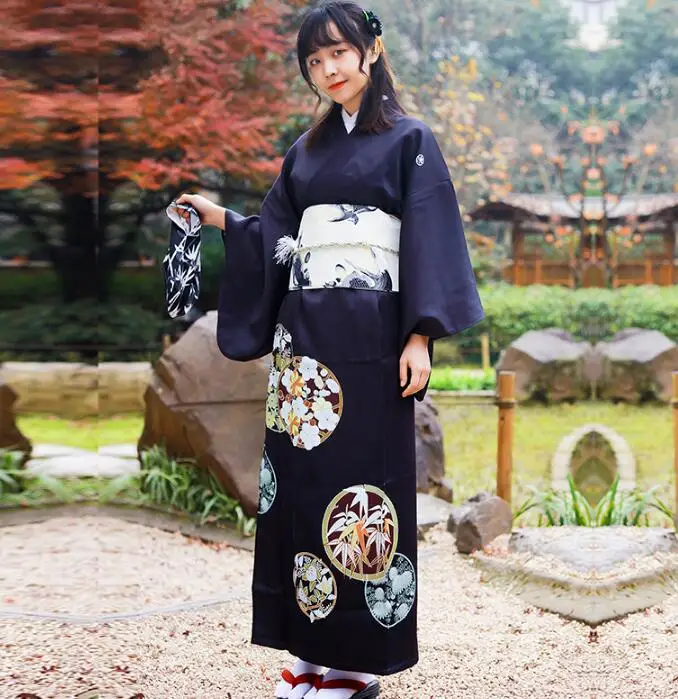 

Japanese Traditional Kimono Women Black Dress Formal Include Belt 140CM Vintage Spring Gown