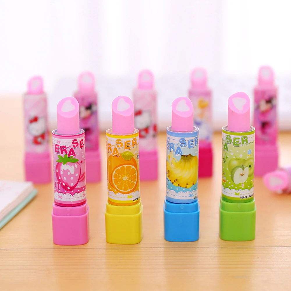 4Pcs/Lot Cute Pencil Rubber Eraser Mini Cartoon Lipstick Erasers Kids Novelty Stationery School Office Kawaii Correction Eraser