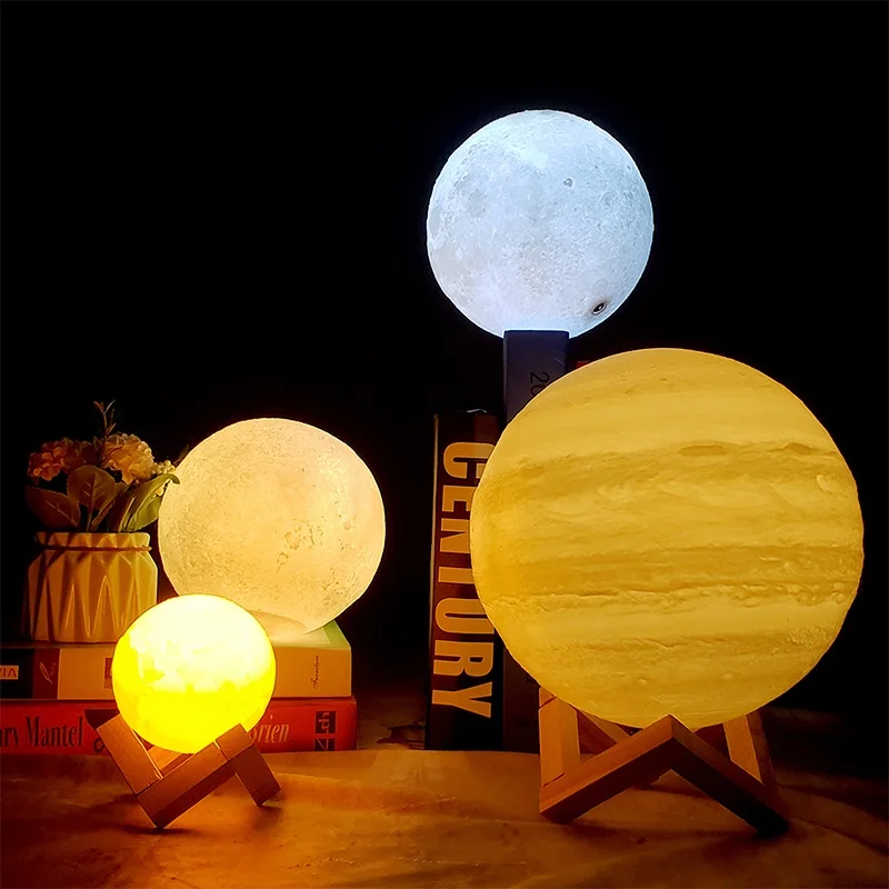 3D Print LED Lamp Moon Earth Jupiter Home Bedroom Decor Creative Mood Night Light USB Recharge Touch Pat Control Colorful