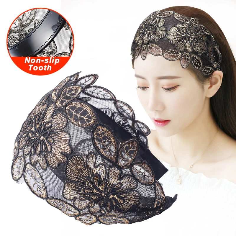 Lace Flowers Headband Wide Women Hair Hoop Head Bands Toothed Non-slip Elastic Hairband Bezel Hair Accessories Headdress