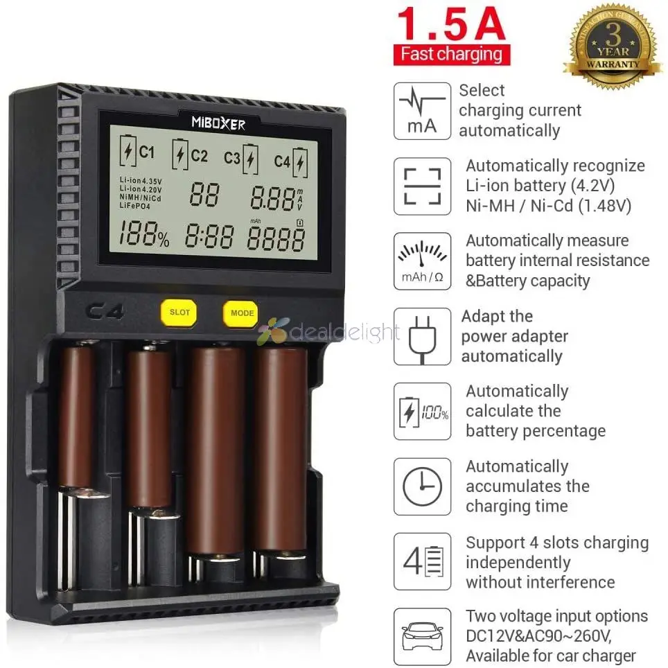 C4 Miboxer Battery Charger Smart 4 LCD Slots for 10340 10440 AA AAA 14500 18650 26650 Battery Charger Universal Charger