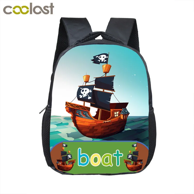 12 Inch Cartoon Car / Tank / Plane / Boat Print Backpack for Boys Children School Bags Small Baby Toddler Backpack Kids Bookbag