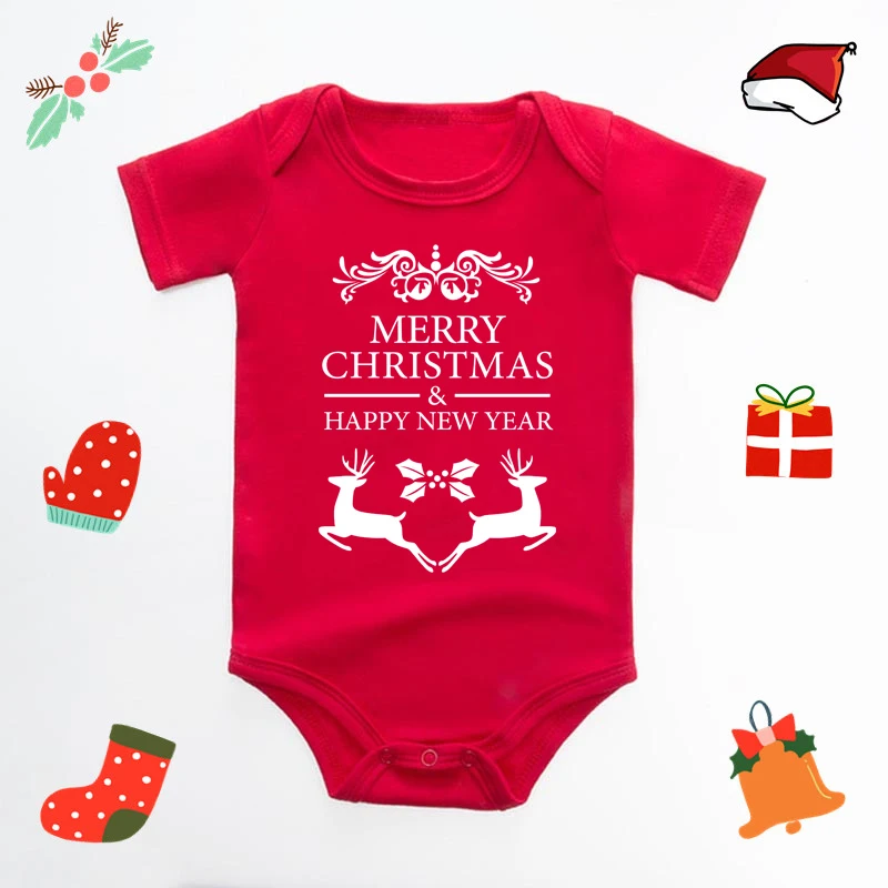 Baby\'s First Christmas Bodysuit Cute New Year Clothes for Boy and Girl Red Cotton Jumpsuit Infant Short Sleeve Playsuit Outfit