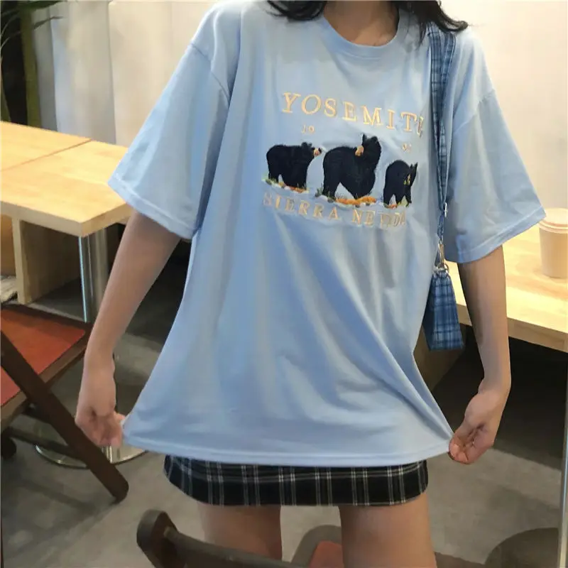 Sky Blue YOSEMITE Bear Embroidery T Shirts Cotton O-neck Short Sleeve Oversized Vintage T-shirt American Fashion Teens Clothes