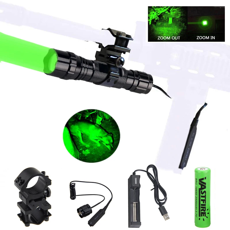 Tactical Green LED Hunting Flashlight Zoomable Adjustable Focus Torch +Scope Gun Mount+Switch+18650 Battery+USB Charger