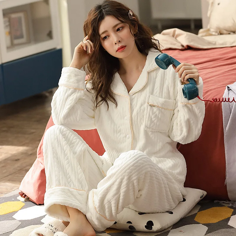 

Women's Pajamas Autumn Winter Flannel Long-Sleeved Trousers Two-Piece Sleepwear Thick Solid Color Lapel Cardigan Casual Homewear