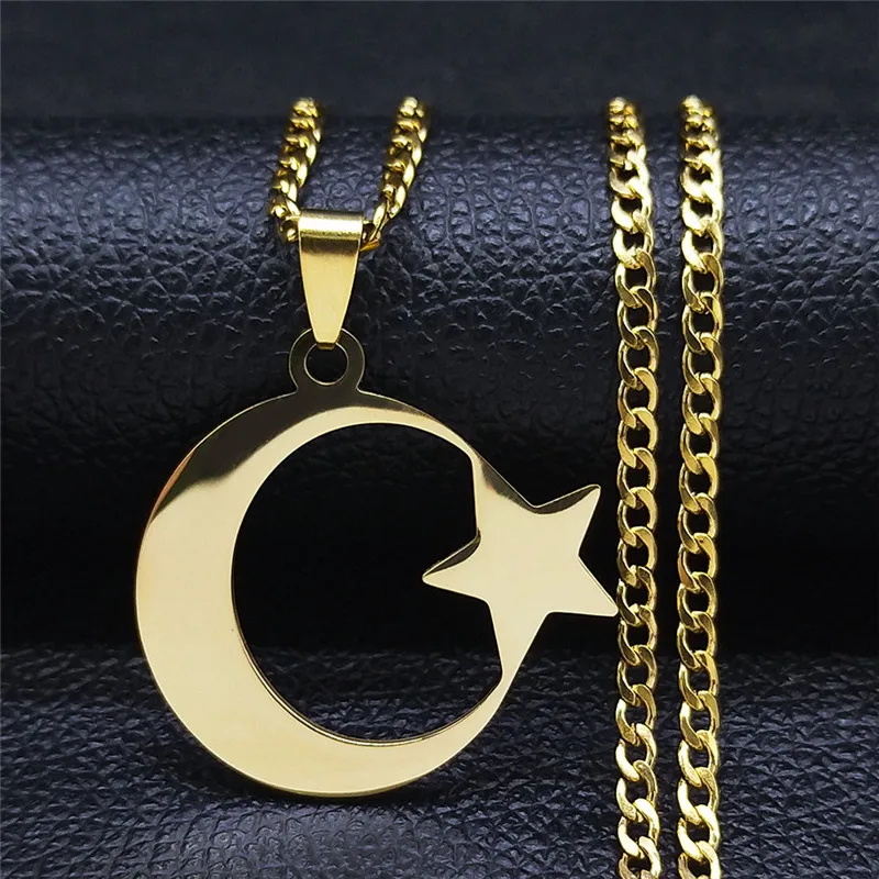 2023 Muslim Islam Moon Star Stainless Steel Chain Necklaces for Women Gold Color Necklace Jewelry collares de mujer N4811S05