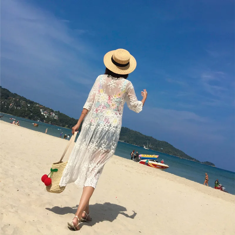 Koreanische Spitze Cover Up Frauen Weiß Strand Kleid Damen Bikini Cape Sommer Boho Sexy Sehen Durch 3/4 Hülse Mesh Strickjacke