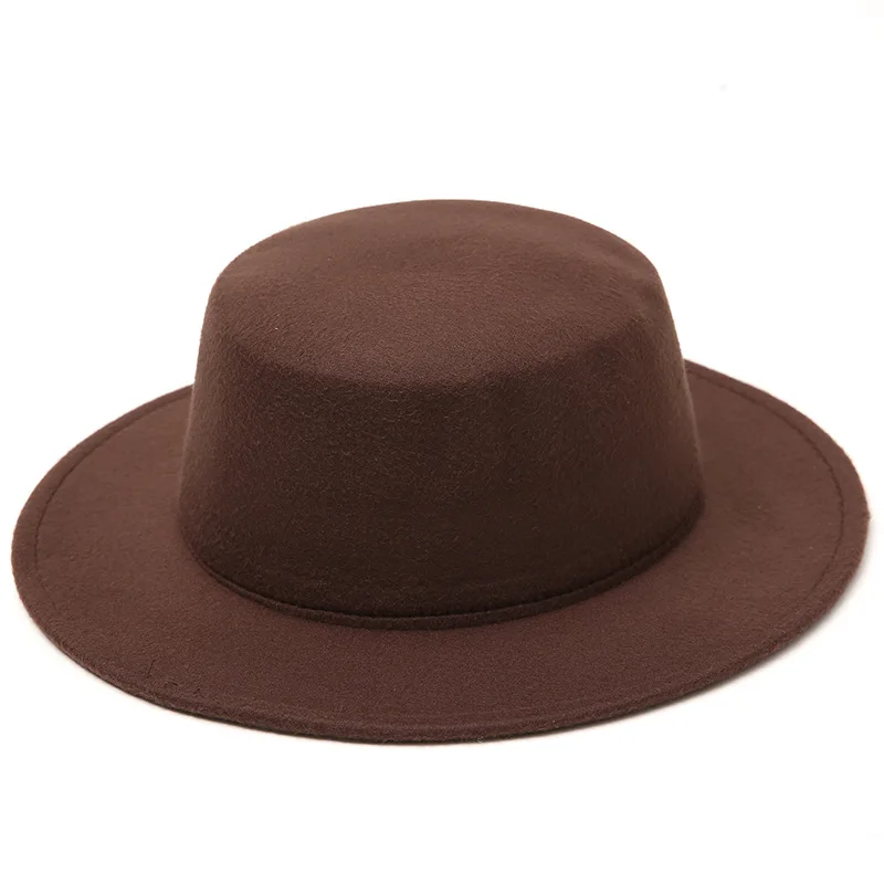 Flat Top Fedora Hats for Women Solid Color Imitation Wool Jazz Cap Wide Brim Ladies Elegant Round Caps Bowler Hats