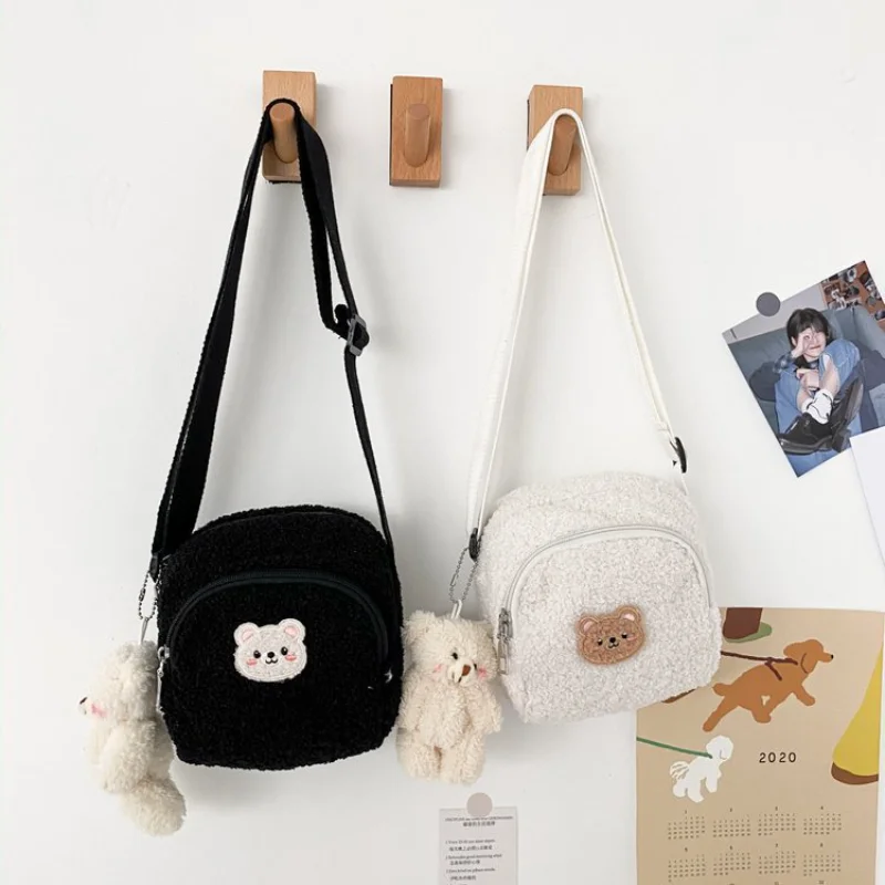 Kawaii  Embroidered Crossbody Bags with Bear Wool Women Shoulder Bags Small Plush Messenger Bags